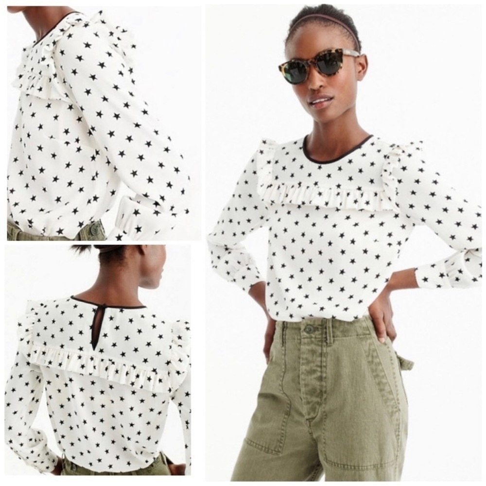 J Crew Stars Pattern Printed Ruffle Silk Blouse, mint condition